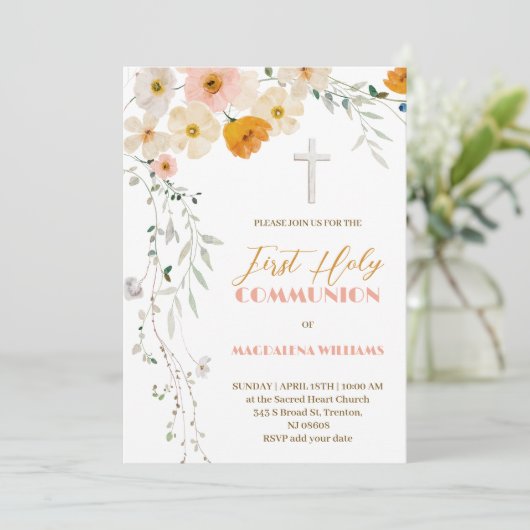 パステルの花と緑の最初の聖餐式 招待状 (スタンド正面)