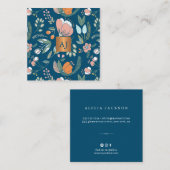 パステルの花と金属の銅モノグラムブルー スクエア名刺 (正面/裏面)