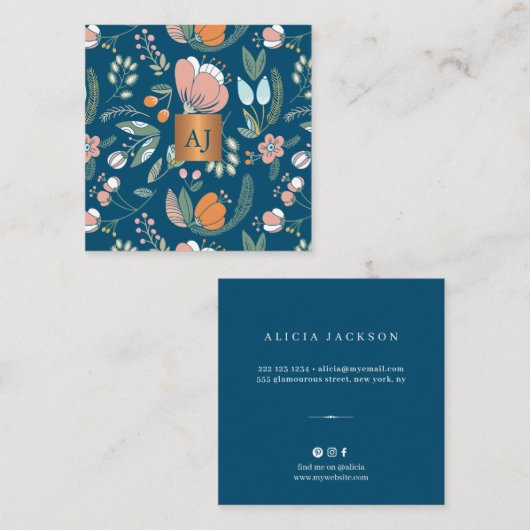 パステルの花と金属の銅モノグラムブルー スクエア名刺 (正面/裏面)
