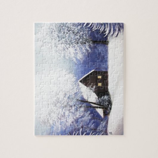 パステルの雪の小屋の冬の景色 ジグソーパズル (縦)