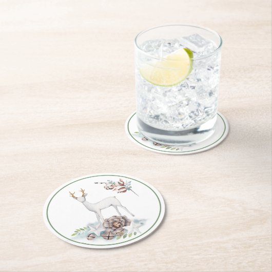 パステルの鹿とクリスマスの装飾 ラウンドペーパーコースター (インサイチュ)