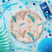 パステルはピンクのティール（緑がかった色）の青い金ゴールドの紙皿に羽をつけます ペーパープレート (パーティー)