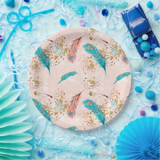 パステルはピンクのティール（緑がかった色）の青い金ゴールドの紙皿に羽をつけます ペーパープレート (パーティー)