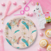 パステルはピンクのティール（緑がかった色）の青い金ゴールドの紙皿に羽をつけます ペーパープレート (パーティー)