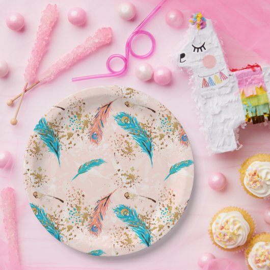 パステルはピンクのティール（緑がかった色）の青い金ゴールドの紙皿に羽をつけます ペーパープレート (パーティー)