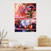 パステルは果実とアスターの花を持つ静かな生活 ポスター (キッチン)