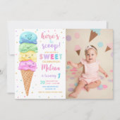 パステルアイスクリームこちらスクープ誕生日写真 招待状 (正面)