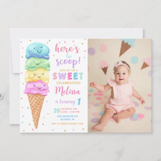パステルアイスクリームこちらスクープ誕生日写真 招待状 (正面)