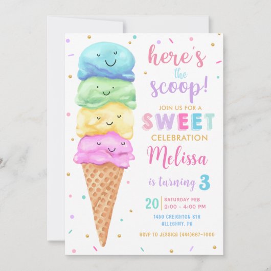 パステルアイスクリームこちらスクープ誕生日 招待状 (正面)