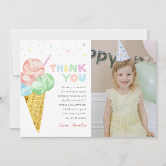 パステルアイスクリーム誕生日フォトサンキューカード 招待状 (正面)