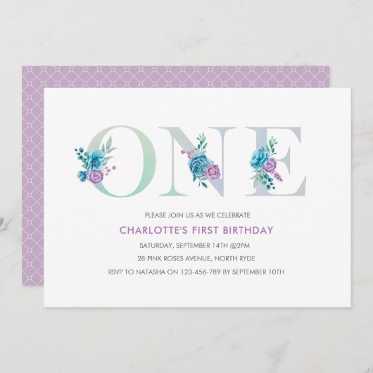 パステルアクアパープルファースト誕生日招待状 招待状 (正面/裏面)
