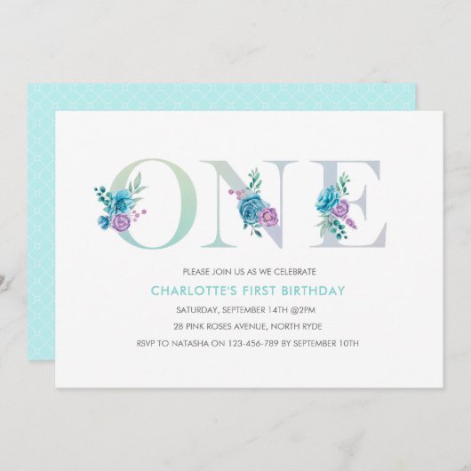 パステルアクアブルーファースト誕生日招待状 招待状 (正面/裏面)