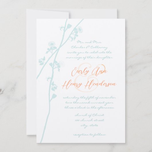 パステルアクアブルー赤面コーラルフラワーウェディングエグッズ 招待状 (正面)
