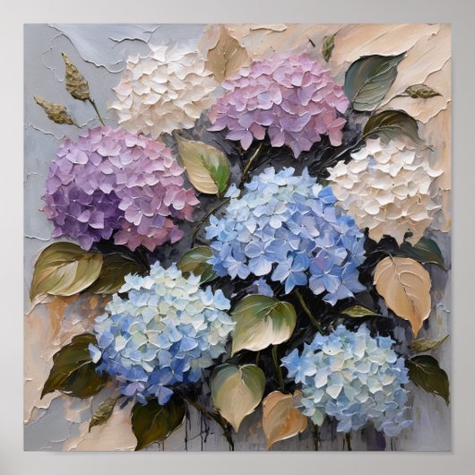 パステルアジサイの花束 – テクスチャのある花の芸術 ポスター (正面)