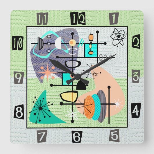 パステルアトミックモダンミッドセンチュリー スクエア壁時計 (正面)