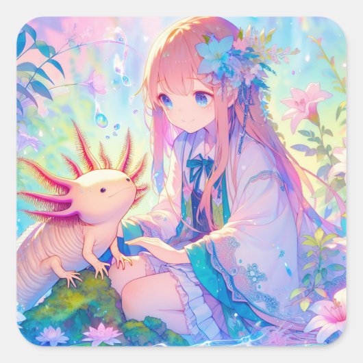 パステルアニメガールとアクソロトルパーソナライズされた スクエアシール (正面)