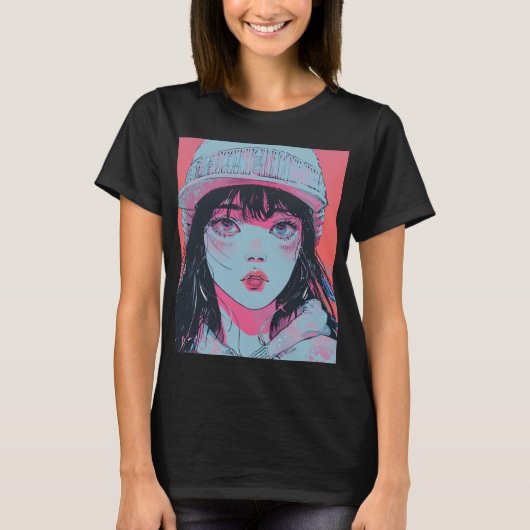 パステルアニメ女子のニット帽アート Tシャツ (正面)