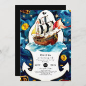パステルアホイマテイズおもしろいパイレーツ誕生日 招待状 (正面/裏面)