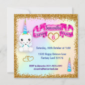 パステルアンド金ゴールドグリッターユニコーン誕生日 招待状 (正面)