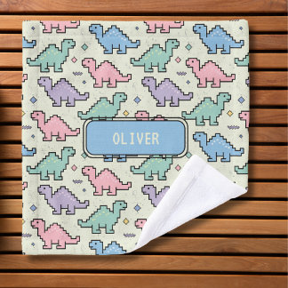 パステルアーケード恐竜ピクセルシルエットのパターン ウォッシュタオル