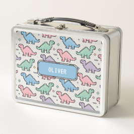 パステルアーケード恐竜ピクセルシルエットのパターン メタルランチボックス