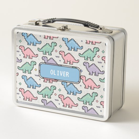 パステルアーケード恐竜ピクセルシルエットのパターン メタルランチボックス (正面)