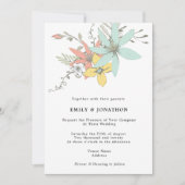 パステルアートフローラ葉ティール（緑がかった色）コーラル結婚ズ 招待状 (正面)
