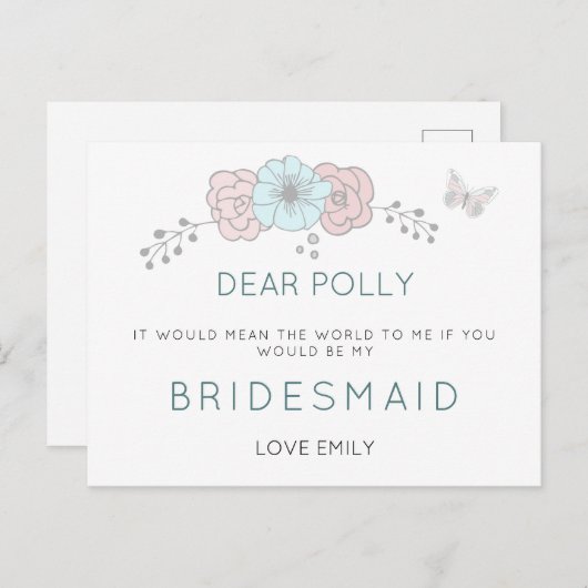 パステルアート花模様バタフライブライデスメイドリクエスト ポストカード (正面/裏面)