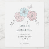 パステルアート花模様バタフライ名結婚ズ ワインラベル (シングルラベル)