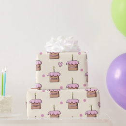 パステルイエローとピンクケーキとハート誕生日 ラッピングペーパー