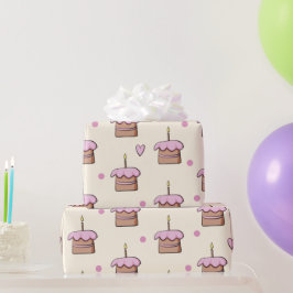 パステルイエローとピンクケーキとハート誕生日 ラッピングペーパー
