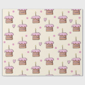 パステルイエローとピンクケーキとハート誕生日 ラッピングペーパー (フラット)