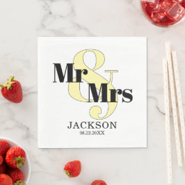パステルイエローとブラックのMr. & Mrs. ウェディング スタンダードランチョンナプキン