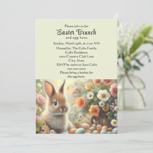 パステルイエローのイースターバーンチ ウサギと一緒 招待状 (スタンド正面)