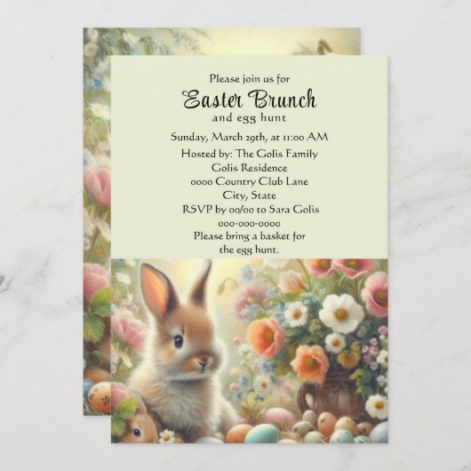 パステルイエローのイースターバーンチ ウサギと一緒 招待状 (正面/裏面)