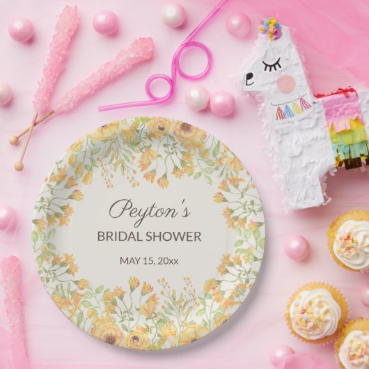 パステルイエローウォーターカラーフラワーズブライダルシャワーパップ ペーパープレート (パーティー)