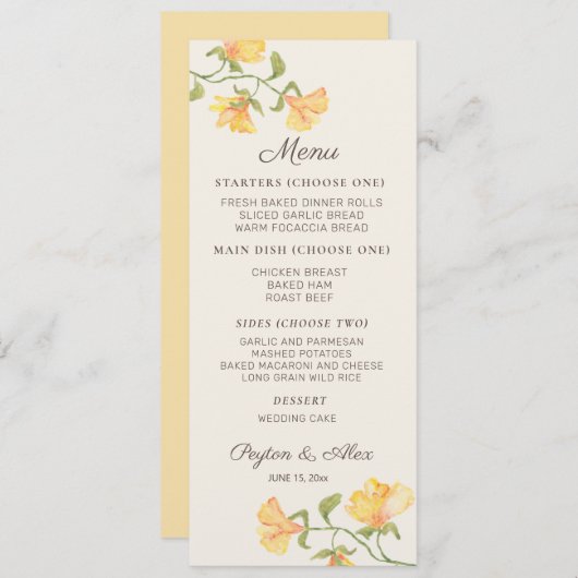 パステルイエローウォーターカラーフローラウェディングレセプション メニュー (正面/裏面)