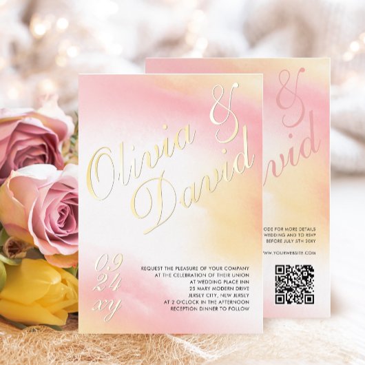 パステルイエローピンクウォーターカラーRSVP QR 結婚's 箔招待状