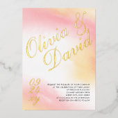 パステルイエローピンクウォーターカラーRSVP QR 結婚's 箔招待状 (正面)