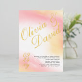 パステルイエローピンクウォーターカラーRSVP QR 結婚's 箔招待状 (立ち正面)