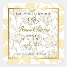 パステルイエローフローラと金ゴールドフレーム製品ラベル スクエアシール