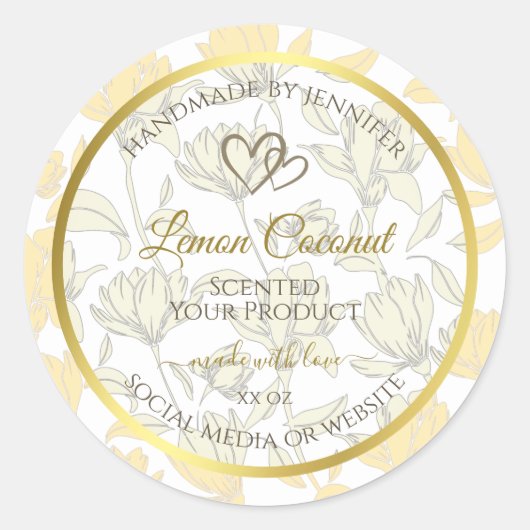 パステルイエローフローラと金ゴールドフレーム製品ラベル ラウンドシール (正面)