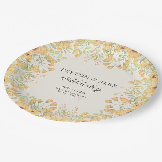 パステルイエローフローラウェディングレセプションリハーサル ペーパープレート (アングル)