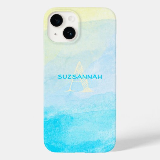 パステルイエローブルーウォーターカラーモノグラム名カスタム前 Case-Mate iPhoneケース (裏面)