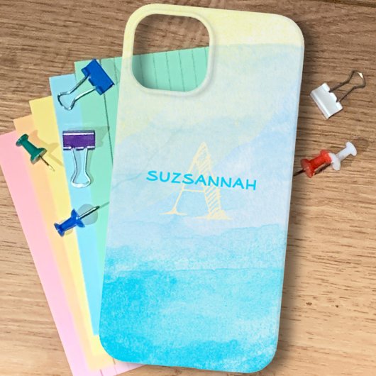 パステルイエローブルーウォーターカラーモノグラム名カスタム前 Case-Mate iPhoneケース