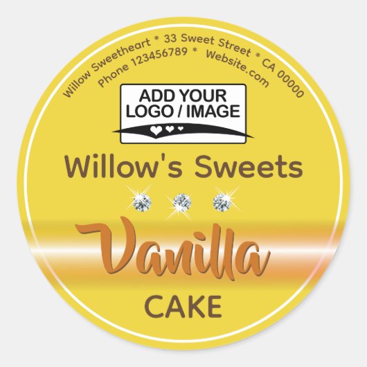 パステルイエローラインストーンカップケーキケーキ練りラベル ラウンドシール (正面)