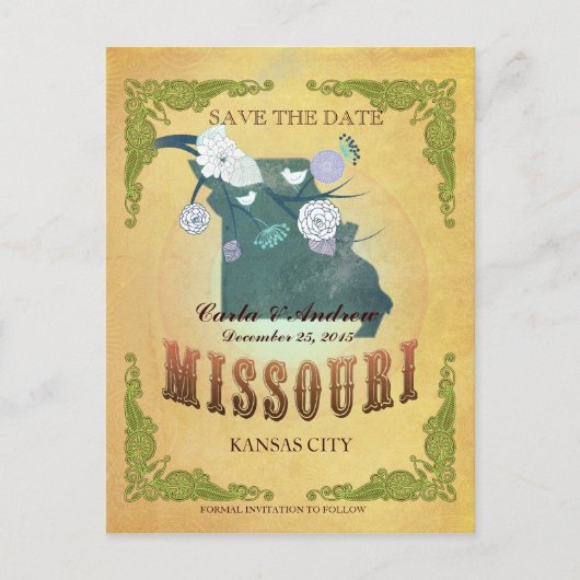 パステルイエロー日付を保存 – 素敵な鳥とマップ 案内ポストカード (正面)