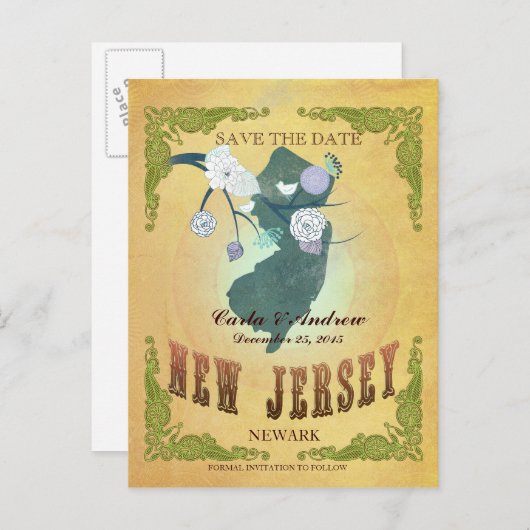 パステルイエロー日付を保存 – 素敵な鳥とマップ 案内ポストカード (正面/裏面)