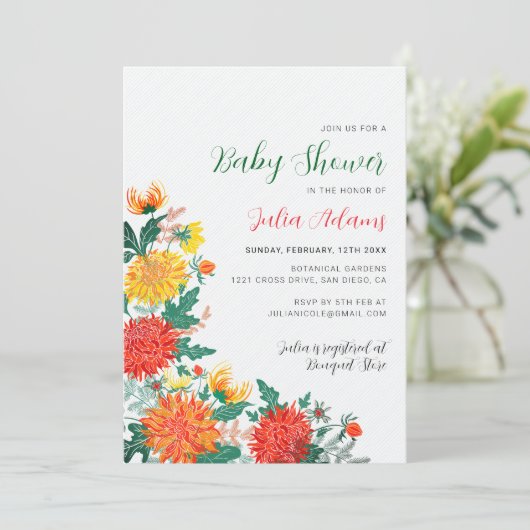 パステルイエロー春ダリア花模様ベビーシャワー 招待状 (スタンド正面)