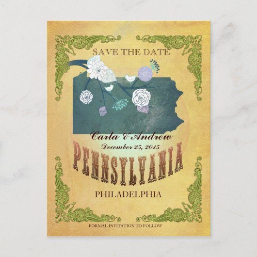 パステルイエロー素敵な鳥と日付マップを保存 案内ポストカード (正面)